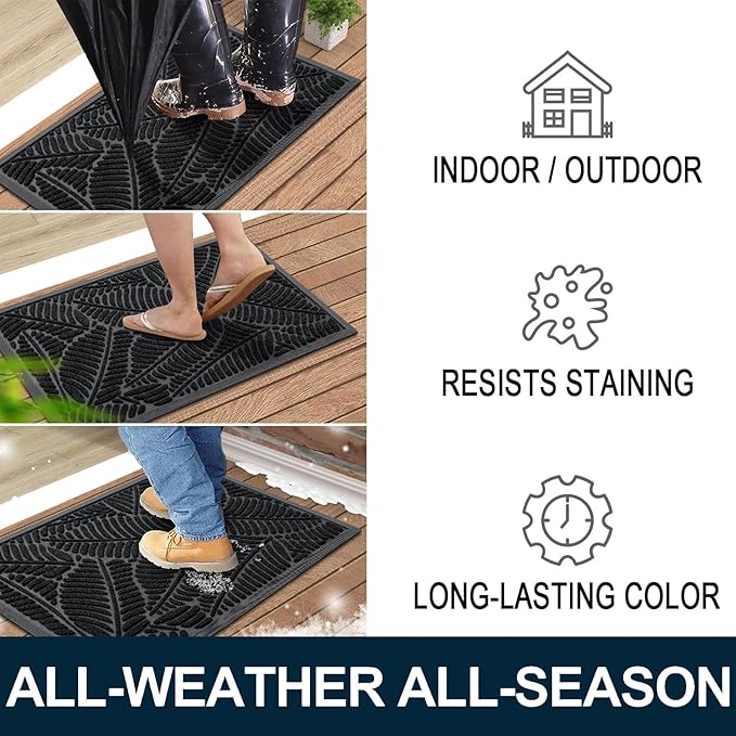 Colorxy Waterproof Doormat, Sturdy Natural Rubber Front Indoor Mat, Non Slip Low Profile Indoor Outdoor Door Mats, Stain and Fade Resistant Floor Mat, Easy Clean Patio Entrance Mat, 47''x17'', Black