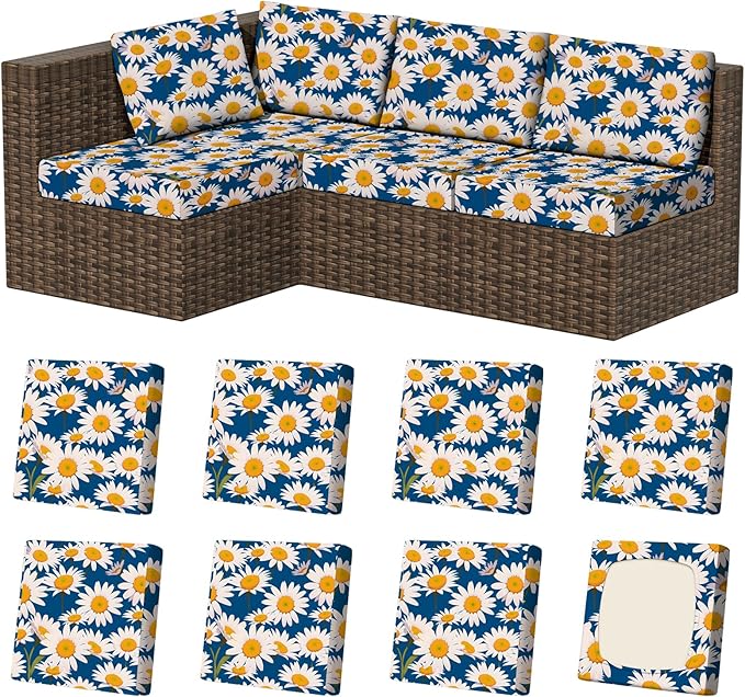 8Pcs Stretch Patio Cushion Covers, Outdoor Couch & Sofa Replacement Slipcovers for Patio Furniture Cushion Covers, Washable Reusable Furniture Protector