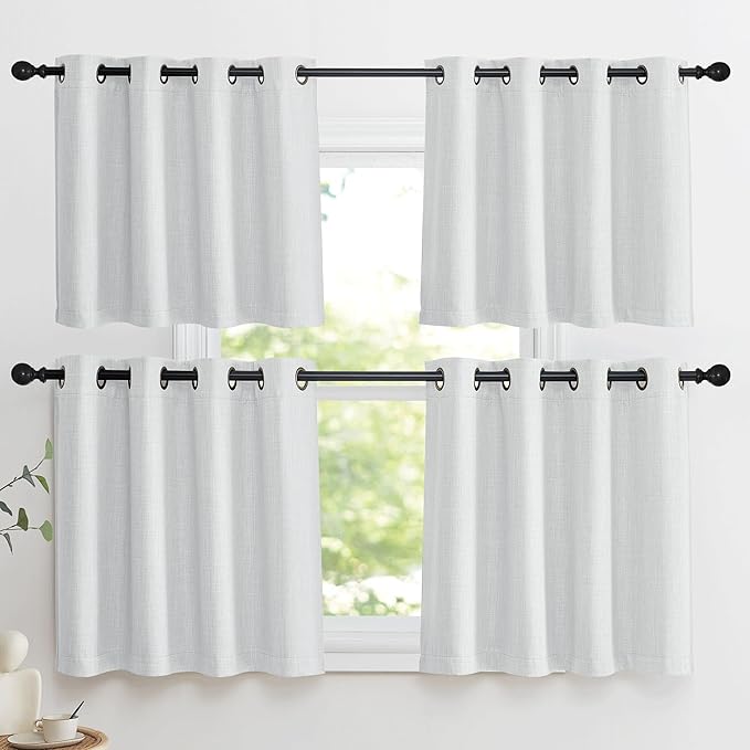 NICETOWN Faux Linen Curtain Valances for Kitchen Over Sink, Farmhouse Light Filtering Privacy Window Covering for Bathroom, Short Curtains for Cabinet, W52 x L24 inch, 2 Panels, Greyish White