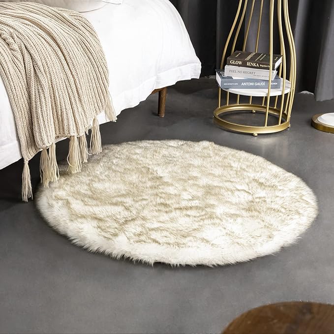 Ashler HOME DECO Soft Fox Faux Fur Chair Couch Cover Area Rug for Bedroom Floor Sofa Living Room White Brown 3 x 3 Feet Round