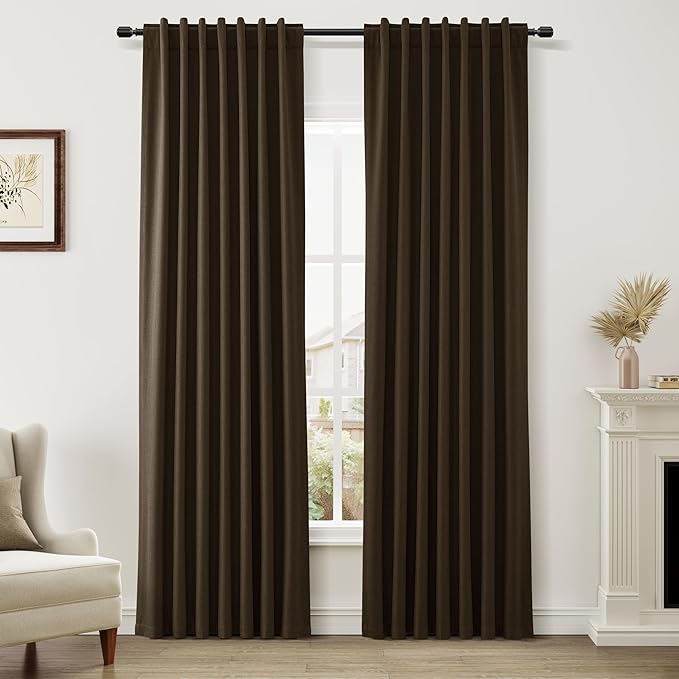 Guken 100% Blackout Curtains 84 Inch Length 2 Panels Set for Living Room Bedroom Back Tab Thermal Insulated Black Out Linen Drapes Room Darkening Chocolate,52x84