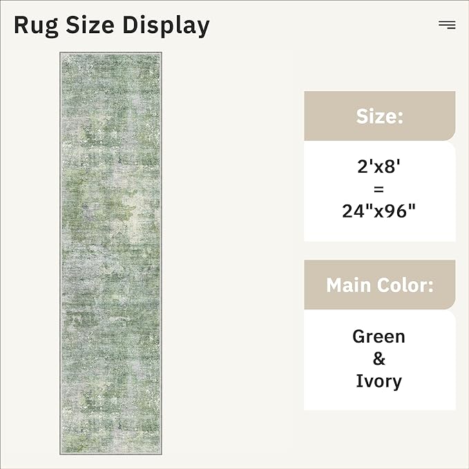 Runner Rug 2x8 Washable Non-Slip Hallway Runner Rugs for Kitchen Bathroom Laundry Room Green/Ivory Vintage Floor Carpet Runners for Hallways Entryway