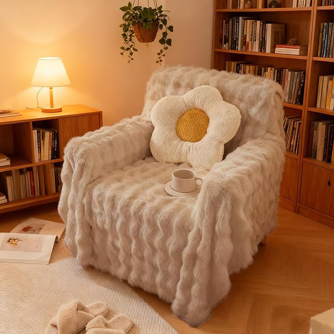 HANDONTIME Plush Sofa Slipcovers Washable Armchair Cover for Sofa Super Soft Faux Fur Sofa Covers for 3 Couch Cousion Soild Khaki Rabbit Plush Chair Covers Armchair for Kids Pets, 71" X102"