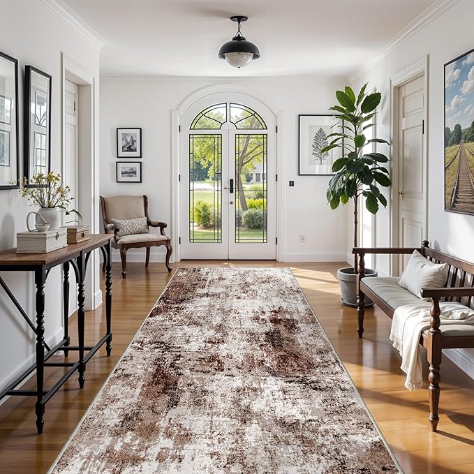 4x10 Wide Washable Runner Rug: Easy-to-Clean Runners for Hallway Entryway Kitchen Bedroom Living Room - Stain and Water Resistant Rugs with Non-Slip Backing - Soft Low-Pile Carpet Brown Khaki White