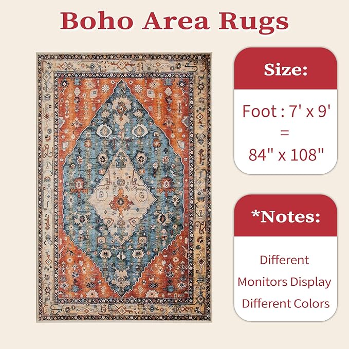 SERISSA 7x9 Area Rugs for Living Room, Large Washable Non-Slip Boho Rug, Ultra Soft Vintage Oriental Tribal Print Distressed Carpet for Dining Room Bedroom Dorm Office Home Decor