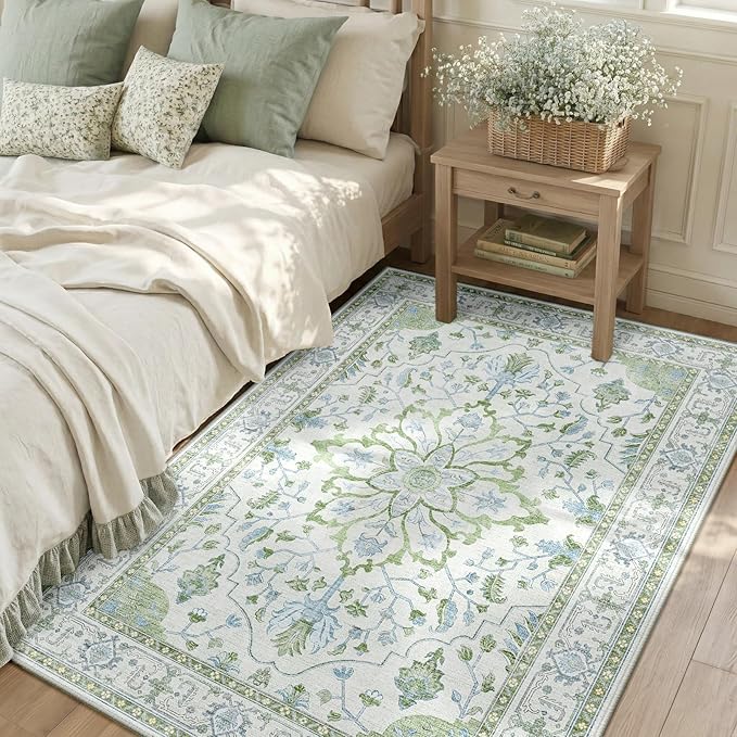 RELEANY Area Rugs 3'x5' Washable Non-Slip, Floral Vintage Distress Print Pattern Medallion Carpet for Living Room Bedroom Dining Room, Green White Blue