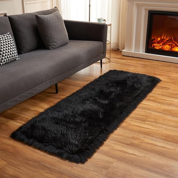 EasyJoy Ultra Soft Fluffy Rugs Faux Fur Rug Chair Cover Seat Pad Fuzzy Area Rug (Black, 2x6 ft Rectangle)