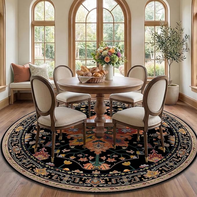Area Rugs 7ft Washable Non-Slip, Floral Vintage Distress Print Pattern Medallion Carpet for Living Room Bedroom Dining Room, Black Colorful Floral Dark Tan