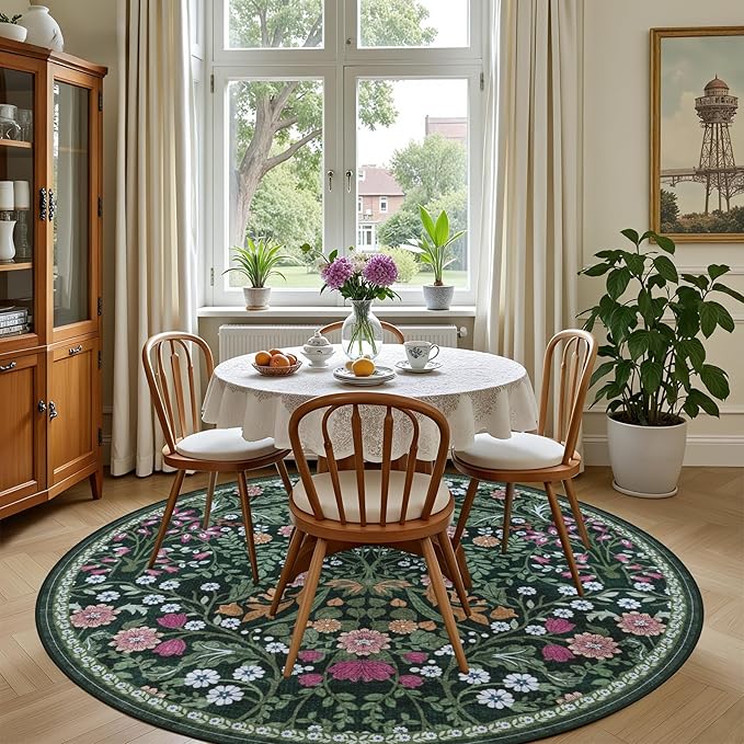 Round Area Rug for Living Room: 6 ft Floral Washable Circle Rug Soft Boho Non-Slip Carpet Indoor Stain Resistant Low Pile Small Circular Rug for Bedroom Entryway Kitchen Nursery Home Office Dark Green