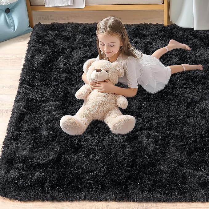 Pionblank 9x12 Area Rug, Large Area Rug for Living Room, Shag Rug for Bedroom, Soft Furry Non Slip Carpet for Kids Room Nursery Teens Dorm Home Decor, Black