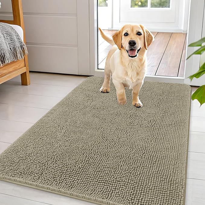OLANLY Dog Door Mat for Muddy Paws 44x32, Absorbs Moisture and Dirt, Absorbent Non-Slip Washable Doormat, Quick Dry Chenille Mud Mat, Entry Indoor Entryway Carpet for Inside Floor, Warm Taupe