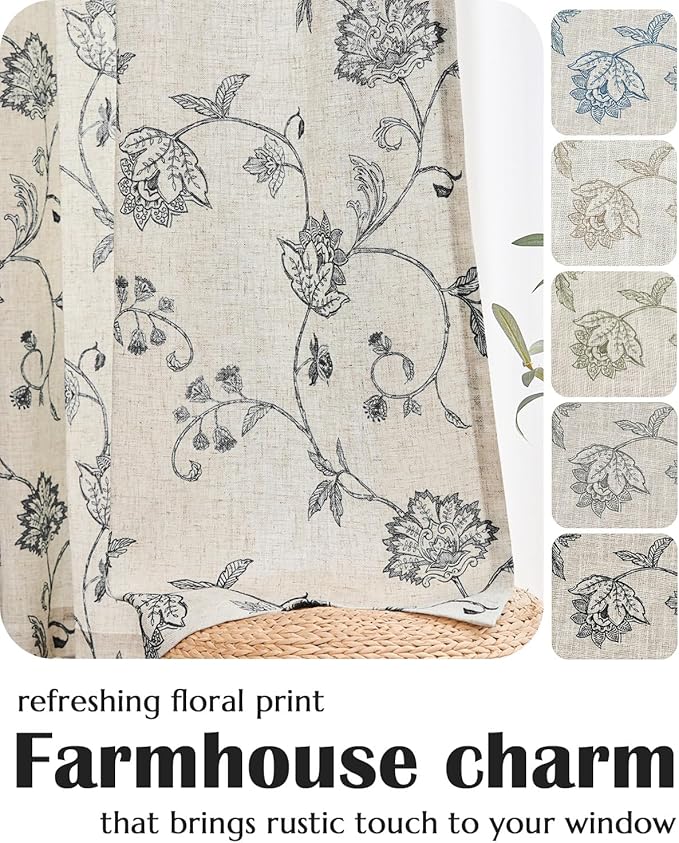 jinchan Linen Curtains Floral Curtain 84 Inch Length for Living Room Bedroom Light Filtering Rod Pocket Back Tab Jacobean Curtains Flax Linen Texture Window Drapes Set 2 Panels Black on Linen