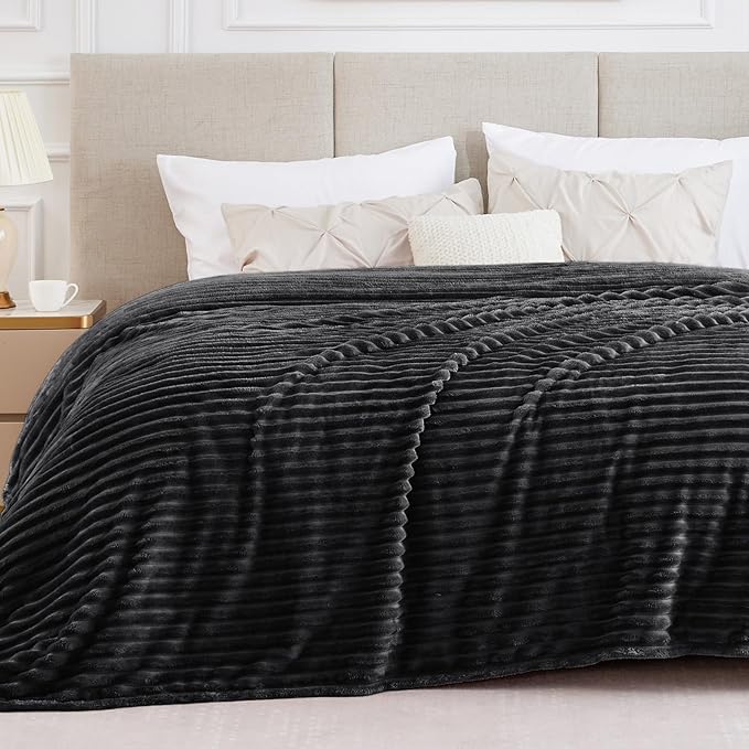 BEDELITE Full Size Blanket for Bed, 300GSM Soft & Warm Fleece Black Blanket, Decorative and Giftable Striped Blankets for Women, Men, 84"x90"