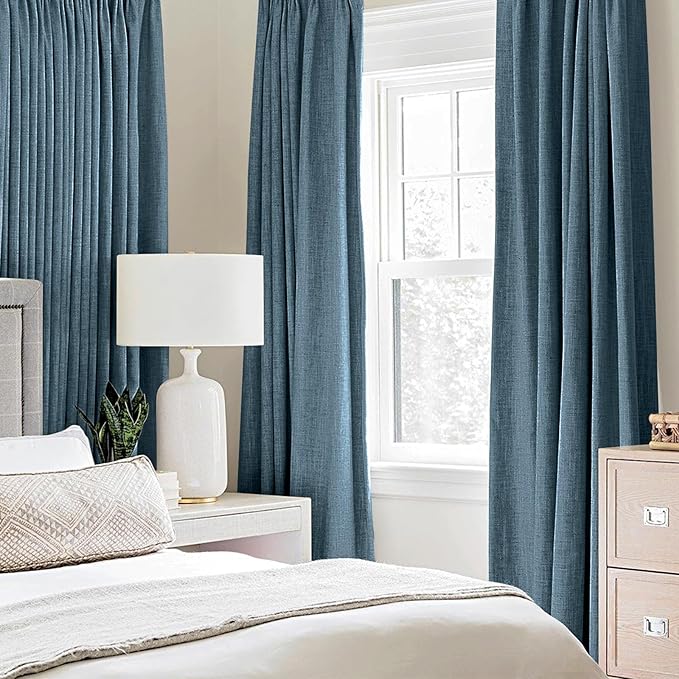MIULEE Linen Texture Curtains for Bedroom Solid 100% Blackout Thermal Insulated Dusty Blue Curtains Grommet Room Darkening Drapes Luxury Decor for Living Room Nursery 52x84 Inch (2 Panels)