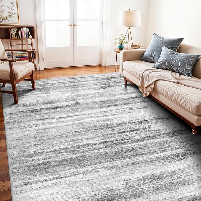 6x9 Area Rug for Living Room: Non-Slip Washable Rugs for Dining Room Bedroom Study Home Office - Easy-to-Clean Stain and Water Resistant Carpet - Soft Low-Pile Mat Grey