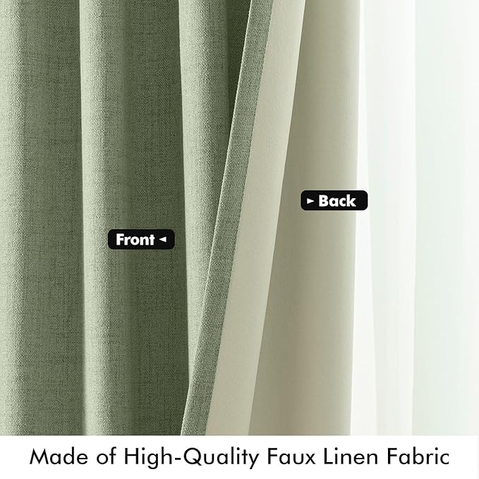 MIULEE 100% Blackout Linen Curtains for Bedroom, Sage Green Solid Luxury Decor Thermal Insulation Room Darkening Drapes for Living Room Nursery Back Tab Rod Pocket 42 x 90 Inches, 2 Panels