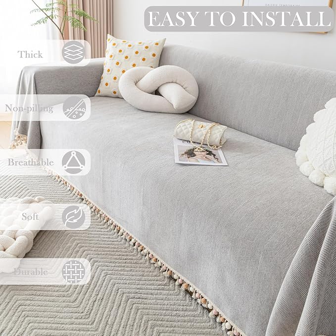 HANDONTIME Grey Sofa Cover for Couch Boho Couch Cover for 3 Seat Dog Couch Cover Love Seat Couch Covers Light Grey Sectional Cover 71" X134" Tassel Chenille Herringbone Sofa Covers Washable
