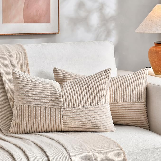 Fancy Homi 2 Packs Tan Long Lumbar Decorative Throw Pillow Covers 16x24 Inch for Couch Bed Sofa, Rustic Farmhouse Boho Home Decor, Soft Striped Corduroy Rectangle Accent Beige Cushion Case 40x60 cm