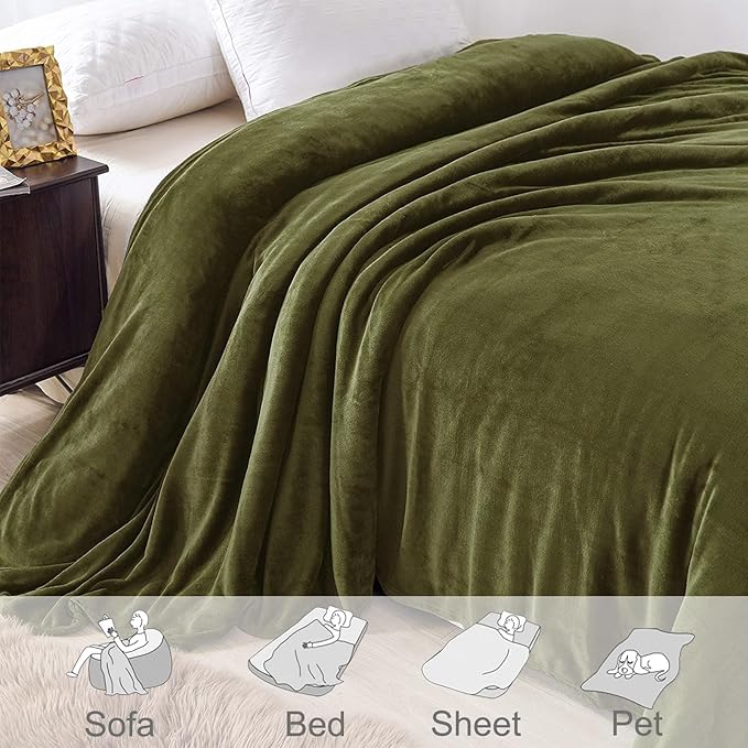 Exclusivo Mezcla Fleece Blankets Queen Size for Bed, Super Soft and Warm, All Season, Cozy, Plush, Lightweight, 90x90 Inches, Olive Green