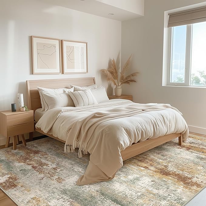Area Rugs 5x7 for Living Room Bedroom, Modern Abstract Machine Washable Rug, Soft Low Pile Floor Cover with Non Slip Backing for Dining Room, Orange Green