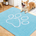 OLANLY Dog Door Mat for Muddy Paws 40x32, Paw Print Design, Absorbs Moisture and Dirt, Absorbent Non-Slip Washable Doormat, Quick Dry Chenille Mud Mat for Dogs, Entry Indoor Entryway Carpet, Blue