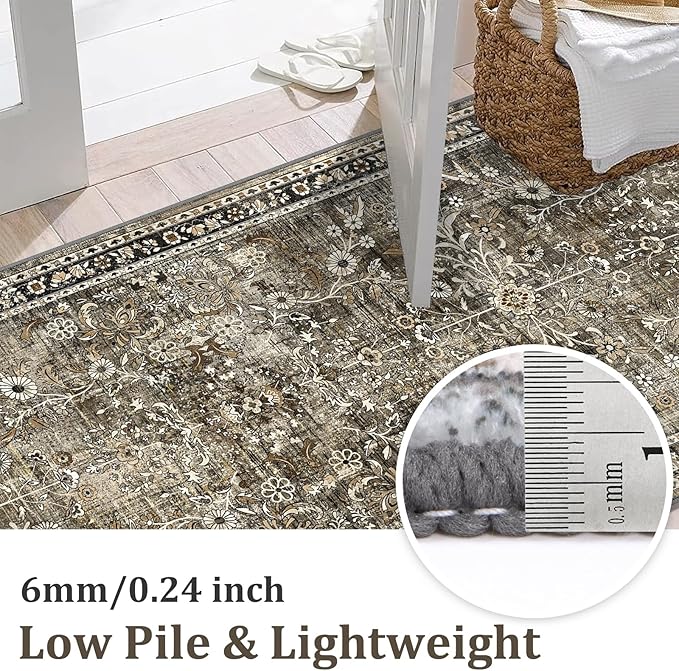 Yamaziot Washable Runner Rug 2x8 – Non Slip Boho Floral Hallway Runner Rug with Rubber Backing, Low Pile Wool Distressed Carpet for Kitchen, Laundry, Bedroom, Entrance, Tan