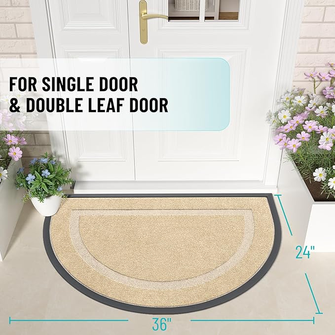 OLANLY Half Circle Door Mat Indoor Outdoor Entrance Welcome, Waterproof All-Season, All-Weather Doormat, Sturdy Natural Rubber, Low Profile, Easy Clean Patio Porch Entryway Mat, 36x24, Beige