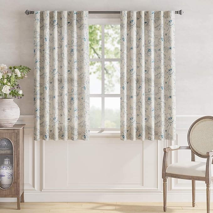 jinchan Floral Linen Curtains for Living Room 63 Inch Length Blue Flower Curtain Rod Pocket Back Tab Farmhouse Curtains with Printed Floral Bedroom Window Curtain Set, 2 Panels Blue