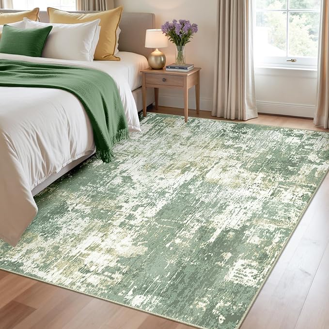 Washable Area Rugs 4'x6' Non-Slip Modern Abstract Soft for Living Room Entryway Bedroom Nursery, Print Pattern, Light Green/Yellow