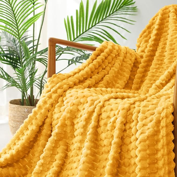 Exclusivo Mezcla Fleece Twin Blanket for Bed, Extra Large Fuzzy Mustard Yellow Bed Blankets, Soft Cozy Plush Sofa Throws for All Seasons, 60x80 Inches