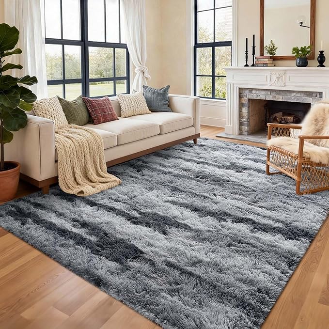 5x7 Ft Large Shag Rugs for Bedroom Living Room for Men Boys, Tie Dyed Ultra Soft Fluffy Furry Area Rug for Indoor Floor, Aesthetic Carpet for Home Decor (Grey)