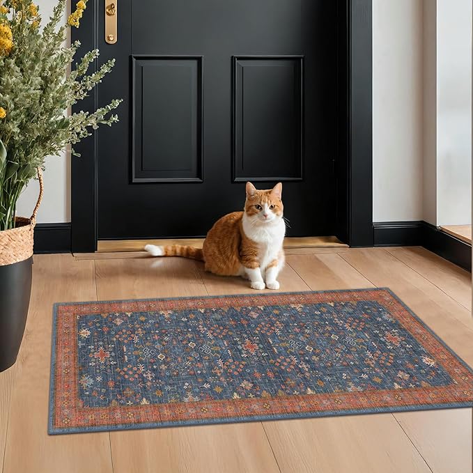 Hazo Haus Washable 2x4 Entry Rug Front Door Indoor, Farmhouse Small Area Rugs for Kitchen, Bathroom, Entrance, Non Slip Rubber Backed, Perfect for Boho Décor (2x4 Navy Blue)
