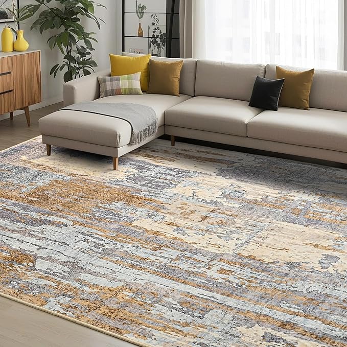 Toneed Abstract Area Rug Modern Washable Rug Soft Non Slip Rug Low Pile for Bedroom Living Room Dining Room Camel 8x10 Feet