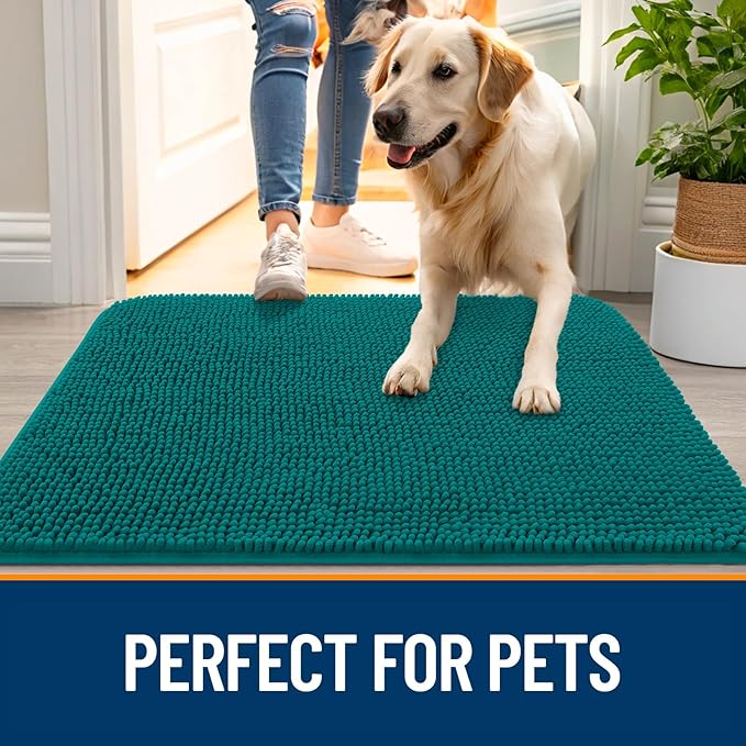 OLANLY Dog Door Mat for Muddy Paws 34x21, Absorbs Moisture and Dirt, Absorbent Non-Slip Washable Doormat, Quick Dry Chenille Mud Mat for Dogs, Entry Indoor Entryway Carpet for Inside Floor, Lake Blue