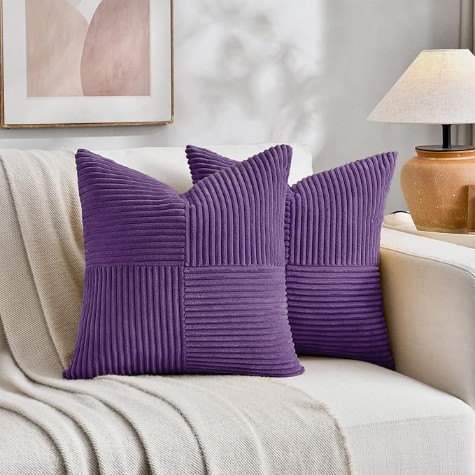 Fancy Homi 2 Packs Purple Decorative Throw Pillow Covers 18x18 Inch for Living Room Couch Bed, Boho Farmhouse Home Decor, Soft Corss Corduroy Patchwork Textured Square Cushion Case 45x45 cm