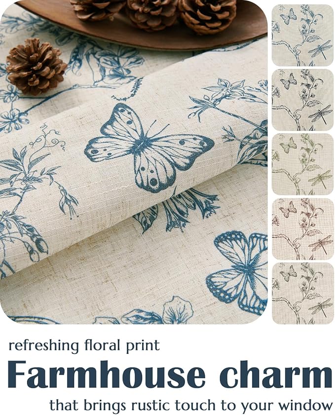 jinchan Floral Linen Curtains for Living Room 84 Inch Length Butterfly Curtain Blue Floral Curtains French Country Farmhouse Curtain Flower Patterned Drapes Window Treatment Set 2 Panels
