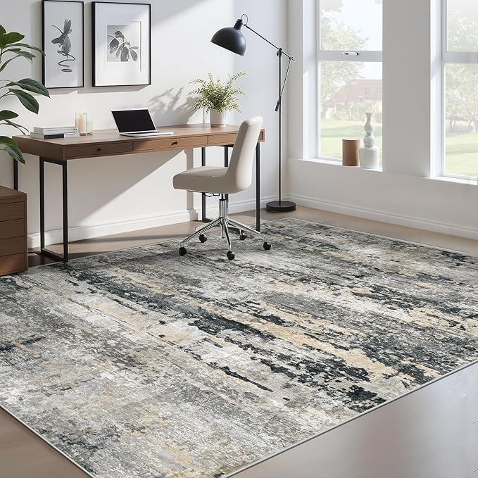 Area Rugs 6x9 for Living Room: Washable Rug Modern Abstract Neutral Soft Non-Slip Low-Pile Indoor Carpet for Bedroom Dining Room Playroom Home Office (Black Grey Brown, 6'x9')