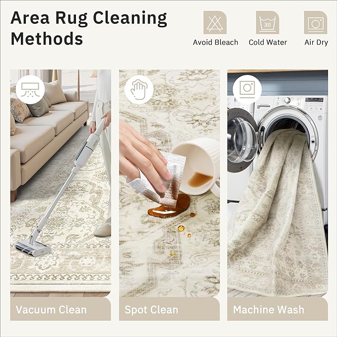 Soalmost 8x10 Area Rugs, Washable Rugs, Large Stain Resistant Beige Area Rug for Living Room Bedroom Dining Room, Vintage Farmhouse Rug