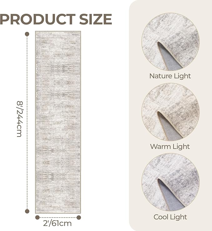 Rug Runners for Hallways Non Slip - 2x8 Runner Rug for Bedroom, Washable Runner with Rubber Backing, Soft Low-Pile Carpet for Kitchen, Laundry, Bathroom (2'x8', Brown/Grey/Ivory)