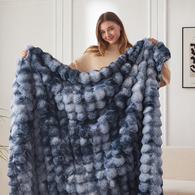 COOVA Faux Fur Throw Blanket for Couch, Cozy Soft and Fuzzy Plush Rabbit Fur Bubble Blanket for Sofa Bedroom Living Room, 60x80 Inches Tie Dye Light Blue