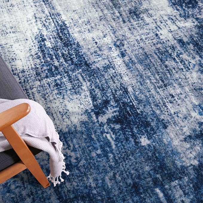 IOHOUZE Abstract Runner Rug 2x10 Ft Washable Runners for Hallways, Non Slip Kitchen Runner Printed Faux Wool Entryway Runner Indoor, Modern Abstract Floor Carpet for Hall Kitchen, Navy/Grey