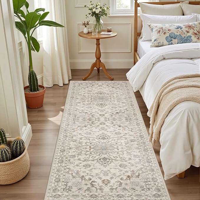 Hallway Runner Rug Non Slip - Washable 2.6x8 Kitchen Rugs for Living Room, Low-Pile Soft Bedroom Rug Indoor Floor Stain Resistant Carpets for Entryway, Laundry, Bathroom Beige