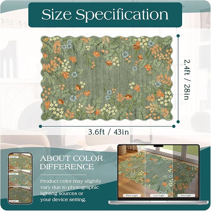 Floral Outdoor Rug - 28" x 43" Front Door Mat Indoor Outside Entrance Non-Slip Washable Outdoor Mat Sage Green Boho Flower Rug for Entryway Kitchen Bedroom Layered Doormat for Front Porch