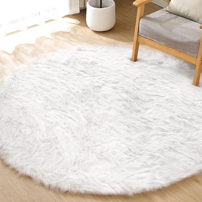 ORINOVA White Fluffy Faux Sheepskin Washable Fur Round Rug 5ft Nursery Rugs for Bedroom Plush Boho Circle Rug for Living Room Teen Room Décor