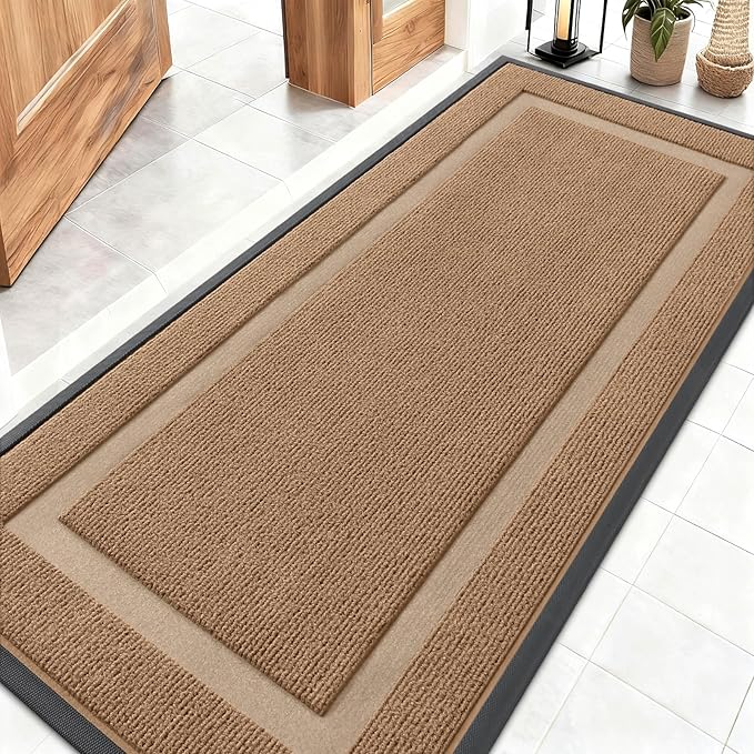 OLANLY Front Door Mat Indoor Outdoor Entrance, Waterproof All-Season, All-Weather Doormat, Sturdy Natural Rubber, Fade Resistant, Low Profile, Easy Clean Patio Porch Entryway Mat, 59x23, Light Borwn