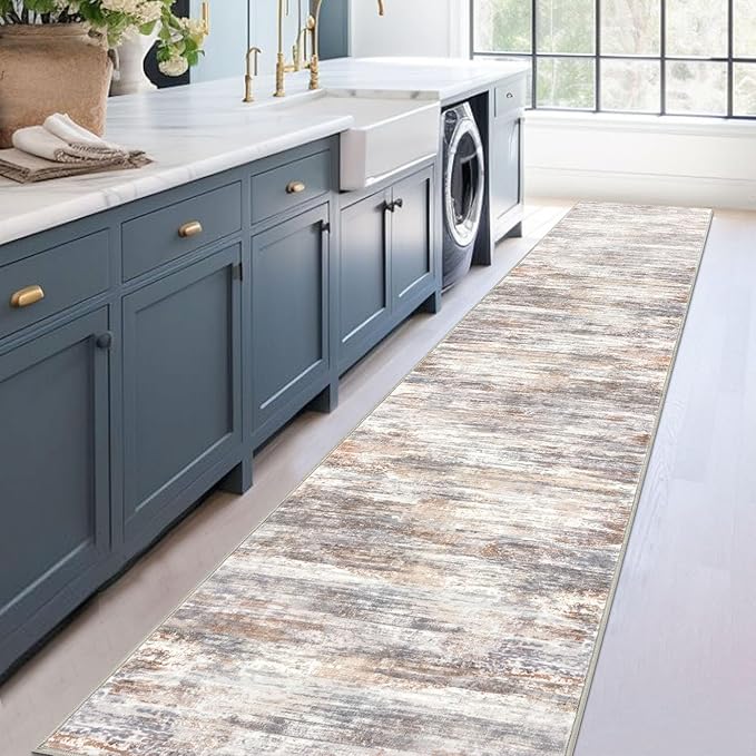 KOZYFLY Modern Abstract Washable Rug Runner 2.6x14 Hallway Rug Runner Non-Slip Soft Kitchen Runner Rugs, Multi Grey/Orange Striped Carpet for Entryway Bathroom