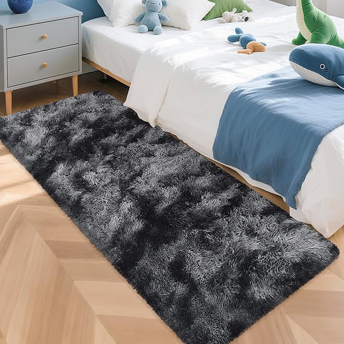 Tie-Dyed Runner Rug for Bedroom Black Grey 2x5ft Fluffy Area Rug Bedside Runner Rug for Kids Room Boys Teens Nursery Baby Living Room Dorm Home Decor Carpets