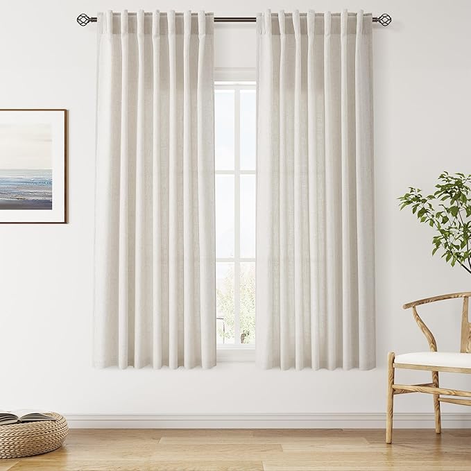 Nanspring Pearl White Linen Curtains 63 Inch Length for Living Room Luxury Light Filtering Semi Sheer Curtain Back Tab Coastal Decor Neutral Elegant Gray Drapes for Bedroom Office 52x63, 2 Panels