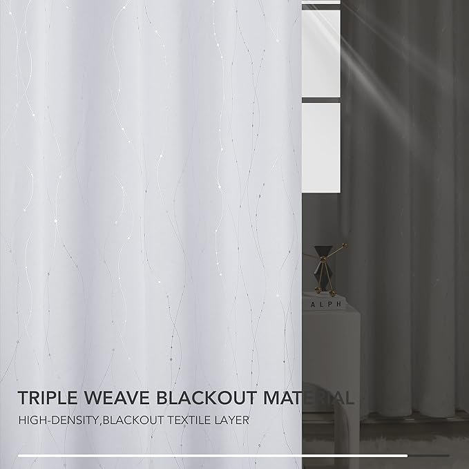 Deconovo Bedroom Curtains, Light Darkening Drapes, Thermal Insulated Soundproof Panel, Silver Wave Dot Print, 42 x 72 Inch, Machine Washable Window Panels for Living Room Home, Set of 2, Greyish White