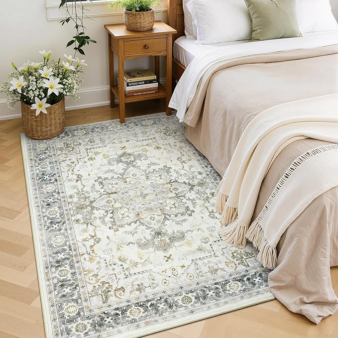 Lofus 3x5 Area Rugs for Entryway, Machine Washable Small Living Room Area Rug, Low Pile Non-Slip Rugs for Bedroom, Kitchen, Home Office, Vintage Oriental Print Rug, Taupe Grey